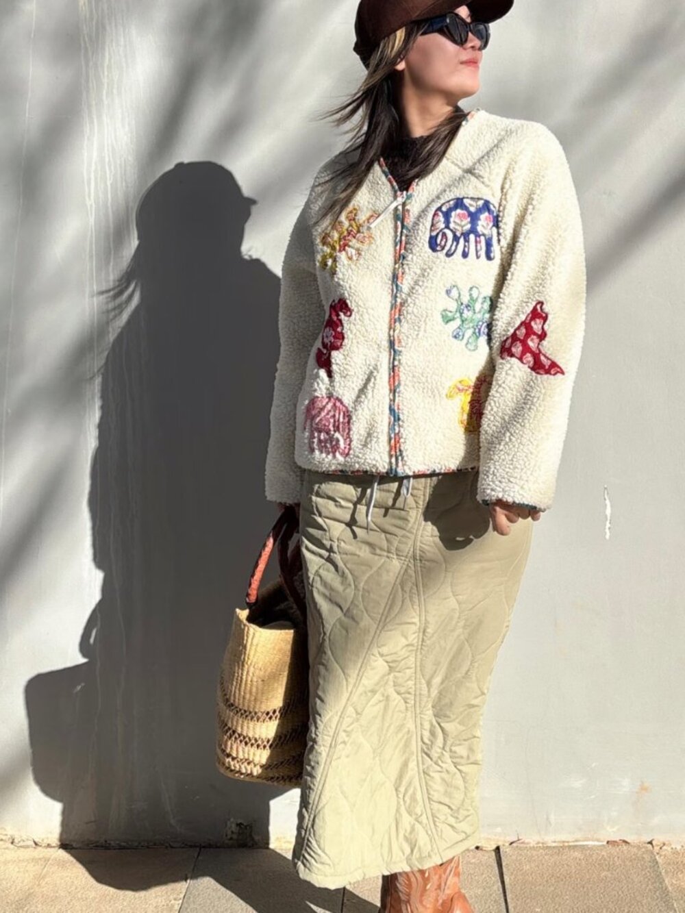 NWT Nepal Handmade Fleece Jacket Oversized Boho Ethnic Appliqué Coat - Picture 2 of 6